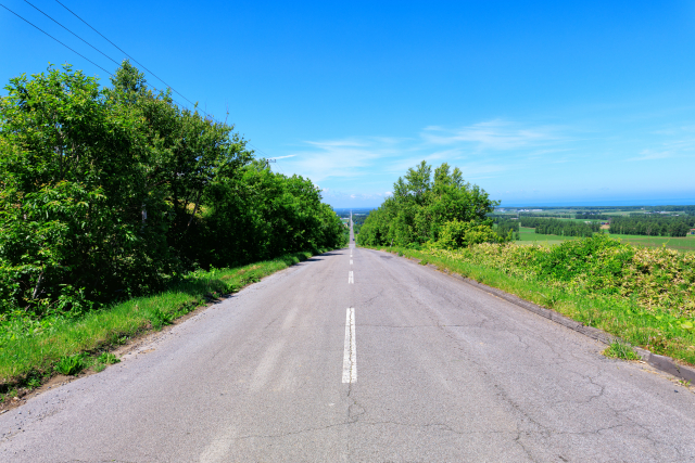 青空の下、緑に囲まれたまっすぐな道路