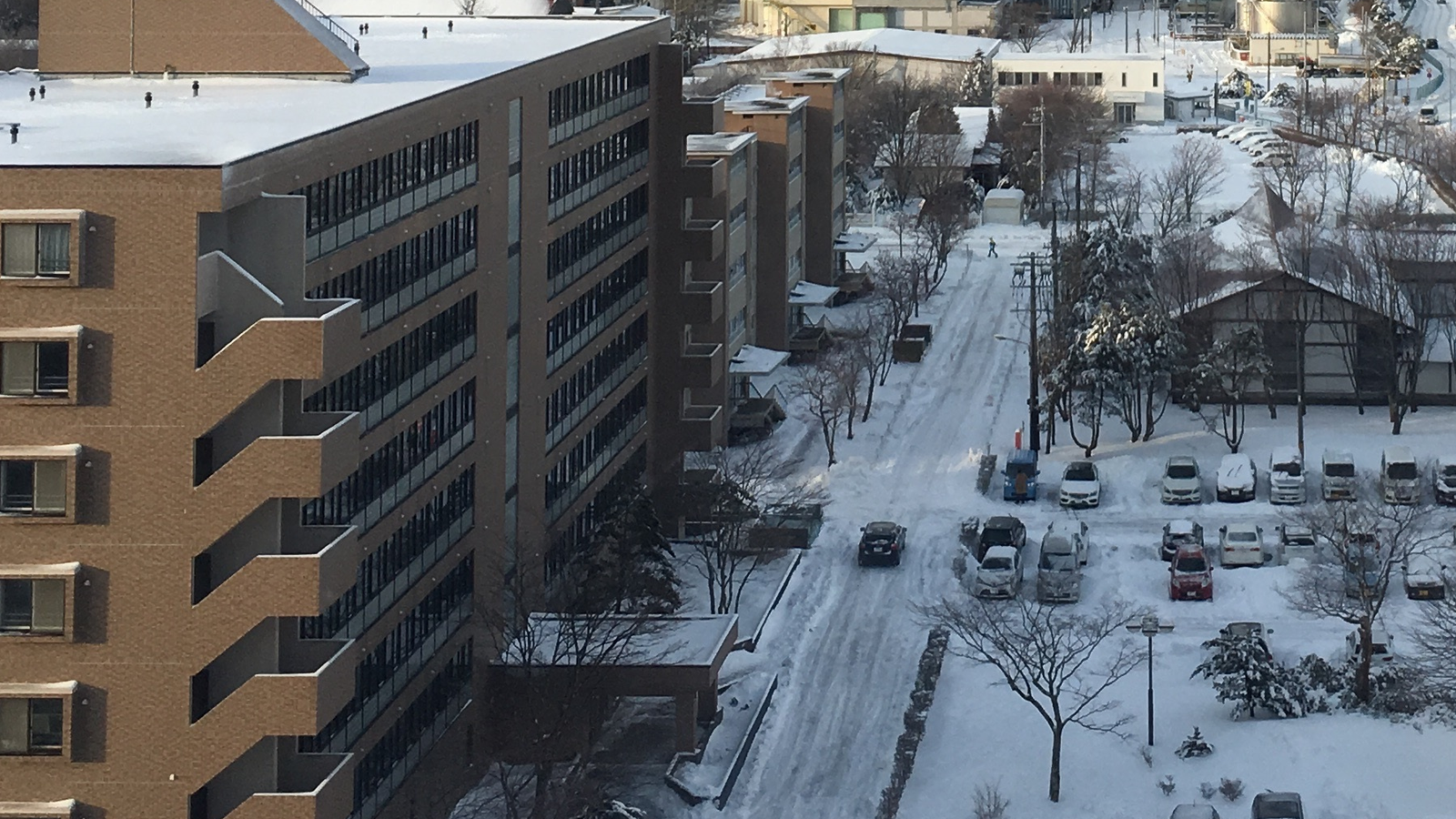雪に覆われた冬の朝の街並みと道路
